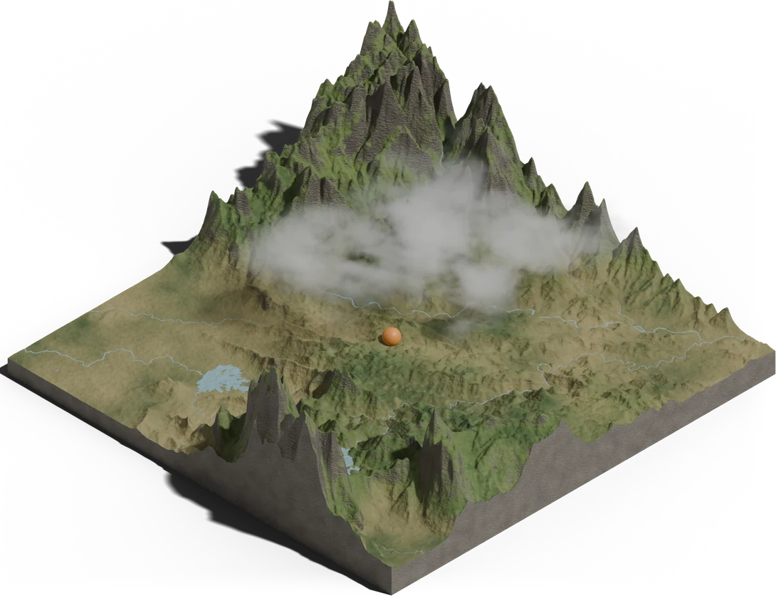 An isometric block of the Attappadi valley, 28 km across, cut from
                elevation data: forested ridges rising to the east, the Bhavani
                winding through the open floor, and the resort marked near the centre.