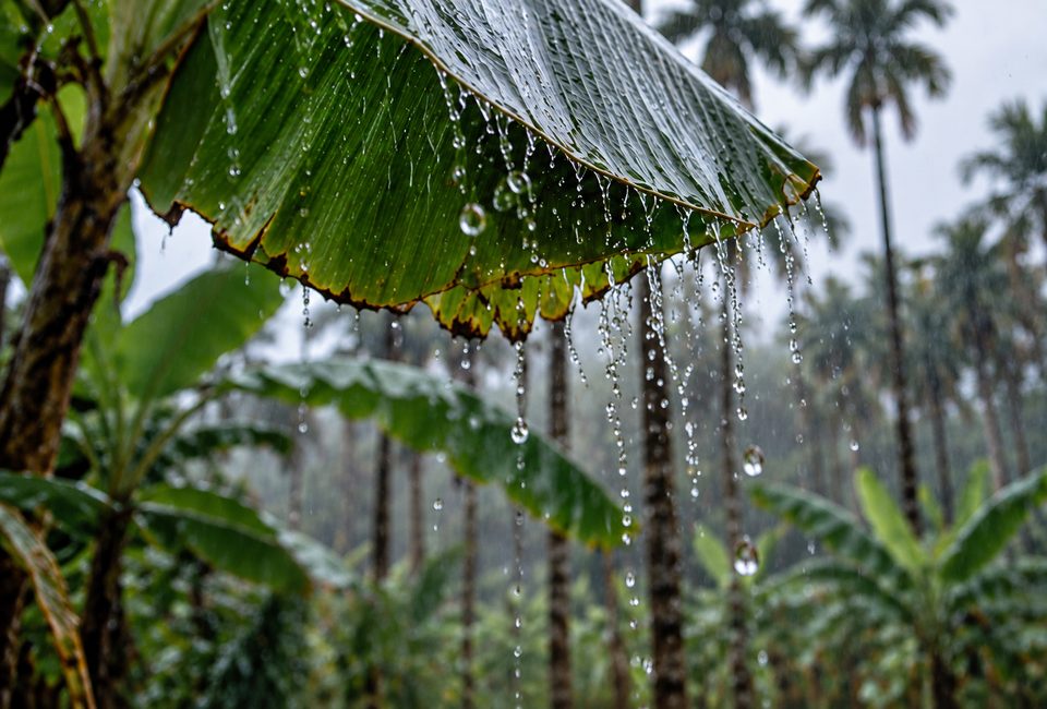 Rain running off a banana leaf, areca palms behind